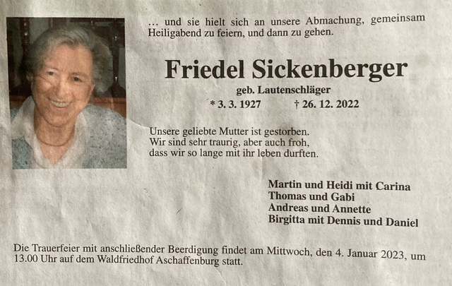 Friedel Sickenberger Todeasanzeige
